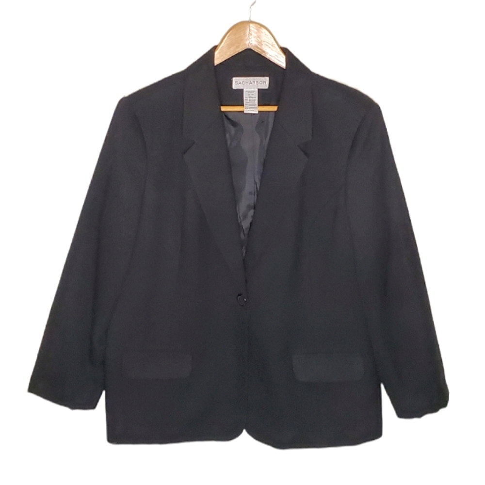 Black Boxy 80s Textured Vintage Blazer with Front Set In Pockets - Picture 1 of 11